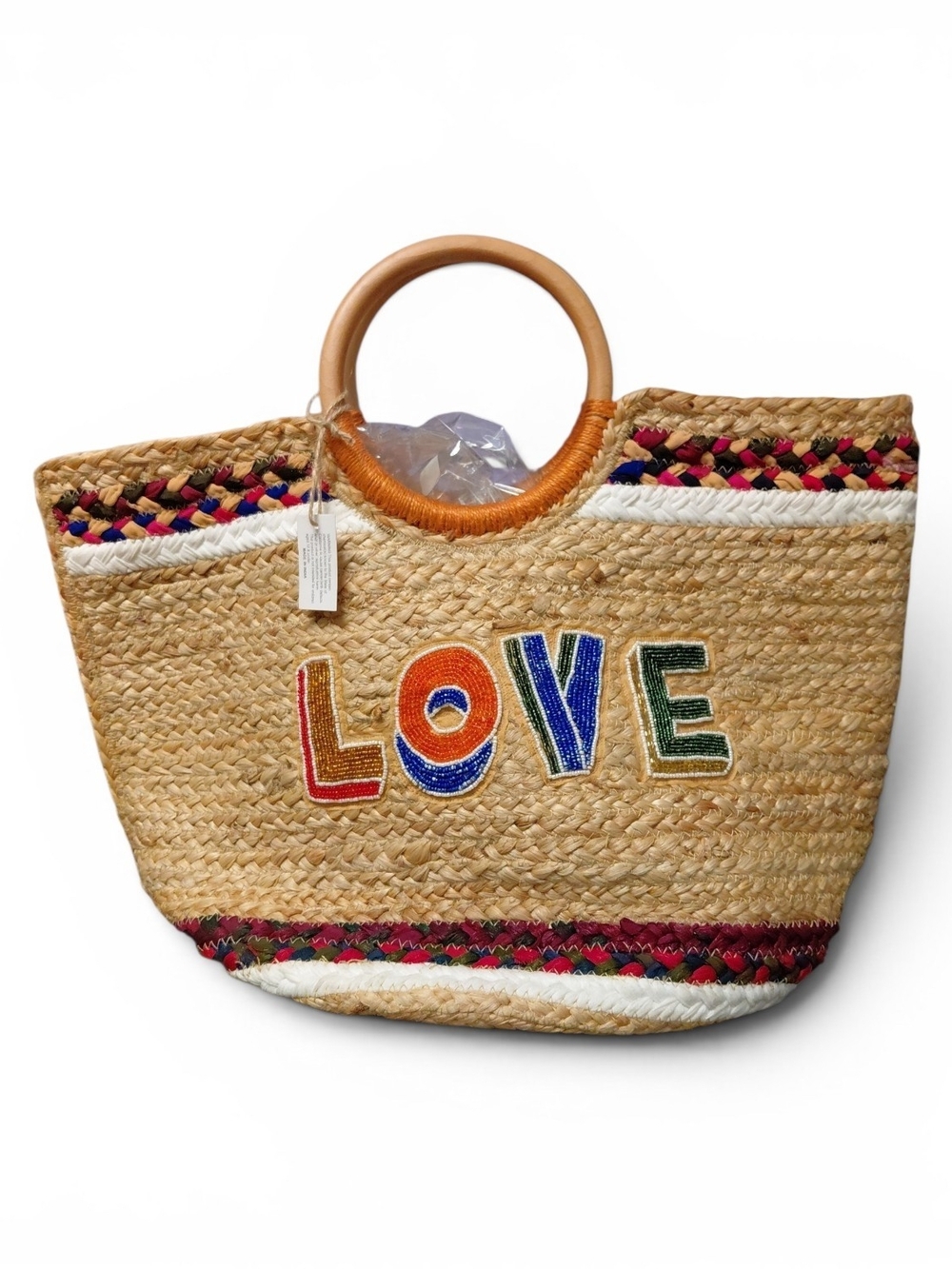 Woven Straw 'LOVE' Tote Bag - Natural with Multicolor Accents